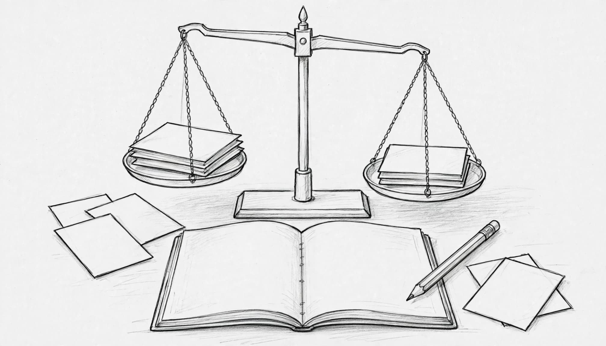 A balance scale, blank cards, notebook, and pencil arranged on a study desk.